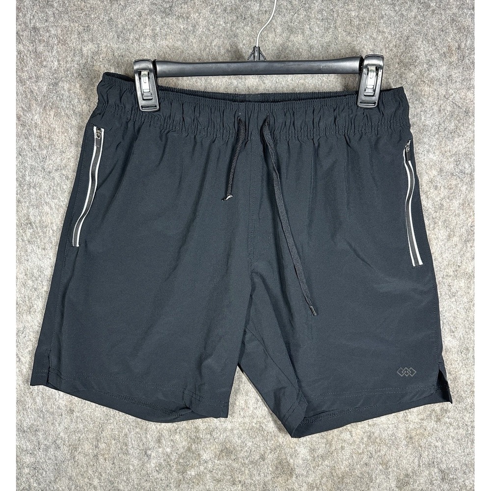 LEG3ND Mens L Black Athletic Shorts 7" Inseam Zip Pockets Stretch Running Gym